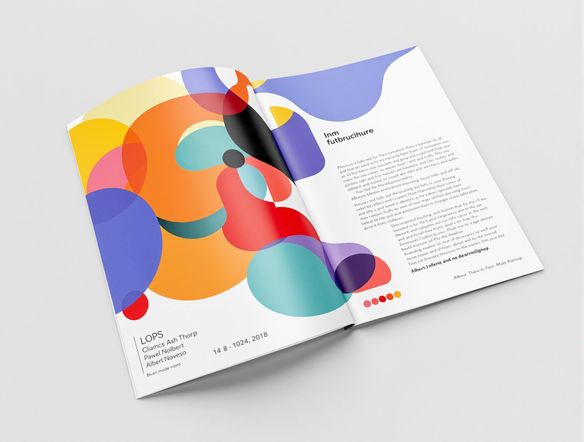 A vibrant, modern brochure design with abstract geometric shapes and a bold color palette, showcasing a clean and professional layout.