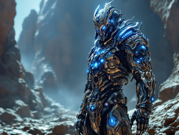 A highly detailed, ornate sci-fi armor set with glowing blue energy accents, standing proudly on a rocky alien planet. Cinematic lighting, concept art style, intricate design.