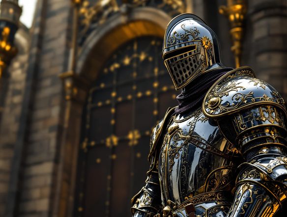 A majestic medieval knight in gleaming plate armor with gold trim, standing before a castle gate. Photorealistic, dramatic lighting, intricate engravings, historical accuracy.