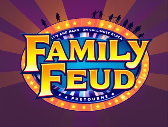A vibrant and dynamic Family Feud logo featuring bold, stylized text and a playful color scheme. Incorporate elements of game show buzzers and family silhouettes. High resolution, modern design.
