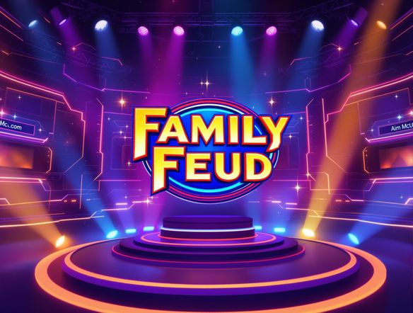 Family Feud logo, vibrant colors, dynamic studio background, playful typography, digital illustration.