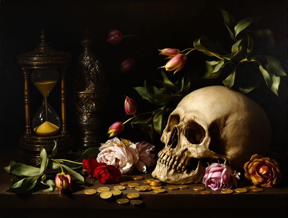 A dramatic vanitas painting still life with a skull, hourglass, wilting flowers, and scattered coins, rendered in the style of Dutch Masters, dark moody lighting.