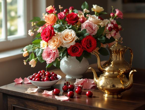 A hyperrealistic still life composition featuring a vibrant bouquet of roses, a bowl of ripe cherries, and a polished brass teapot on a wooden table, soft natural light.
