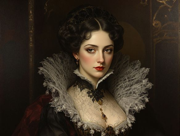 An ornate Victorian-era portrait of a noblewoman, featuring intricate lace, a high collar, and a dramatic backdrop with gothic victorian design elements. Soft, diffused lighting.