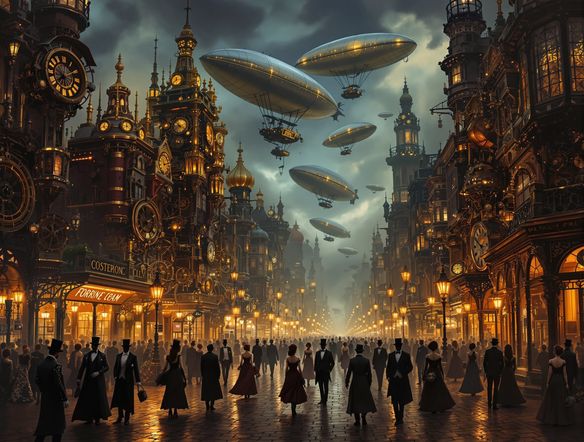 A bustling Victorian street scene infused with steampunk technology: airships overhead, clockwork automatons, and individuals in elaborate Victorian and edwardian art-inspired attire. Moody, atmospheric lighting.