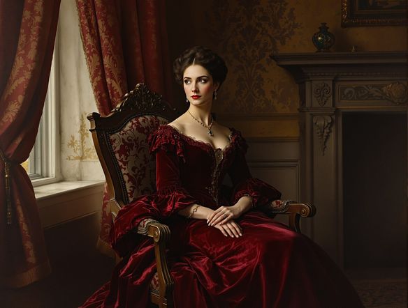 A detailed portrait of a Victorian lady in an ornate dress, seated in a richly decorated parlor, rendered in the style of a 19th-century oil painting.