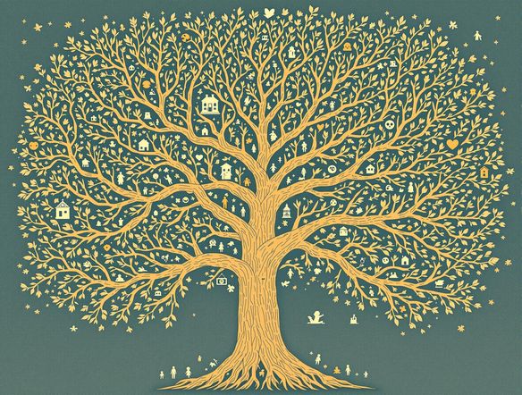 An artistic representation of a family tree, blending historical imagery with modern design. Use a warm color palette and include subtle details representing different generations. Perhaps also explore the youtube thumbnail ai generator for marketing your family history findings.