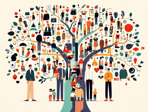 A detailed genogram illustration showing multiple generations of a family, with interconnected lines and symbols, in a clean, modern design.