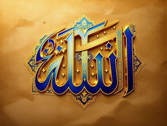 A bold Kufic script design of the word 'Allah', rendered with sharp, geometric lines and vibrant blue and gold colors, on a textured parchment background.