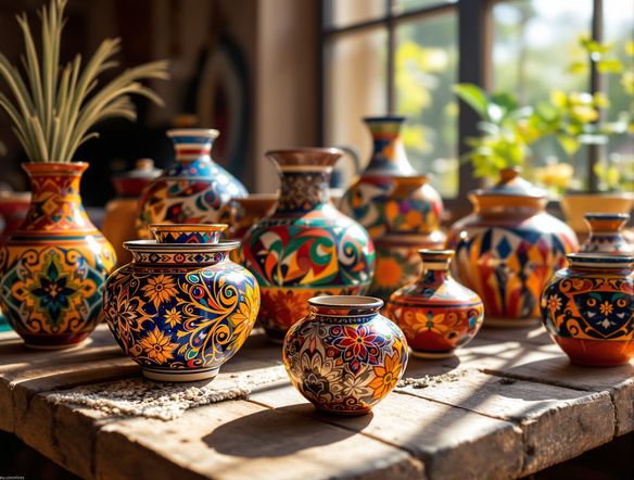 A collection of vibrantly colored Peruvian pottery, showcasing traditional Andean crafts, arranged on a rustic wooden table, natural sunlight, focus on texture and detail.