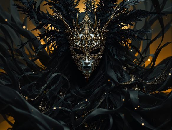 Create a stylish flyer for a sophisticated masquerade ball. Feature elegant masks, feathers, and flowing fabrics. Use a dark, mysterious color palette with gold accents for a luxurious feel.