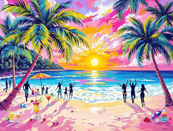 Generate a vibrant party flyer for a tropical beach party. Include elements like palm trees, sunset, cocktails, and dancing silhouettes. Use bright, saturated colors and a dynamic composition.