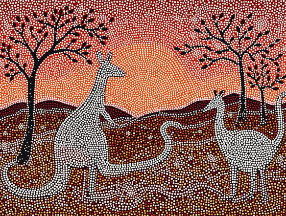 Vibrant Aboriginal dot painting depicting a Dreamtime story with kangaroos and emus, intricate patterns, earthy tones, sunset background.