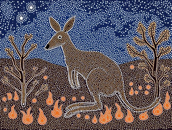 An intricate Australian Aboriginal dot painting, featuring a kangaroo and bush tucker symbols, created with a traditional dot painting AI style, vibrant ochre colors, detailed storytelling elements.