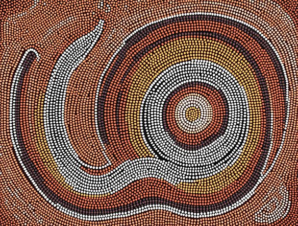 A vibrant dot painting in the Central Desert art style, depicting a Dreamtime story of the snake, inspired by Papunya Tula style art, using earthy reds, yellows, and blacks, with concentric circles and linear patterns.