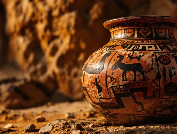 A close-up of a beautifully painted Neolithic pot, featuring intricate geometric patterns and animal motifs in earthy red and black pigments, set against a backdrop of ancient cave art.