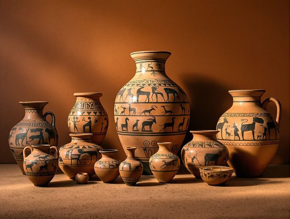 A collection of Neolithic pottery, featuring geometric patterns and stylized animal figures painted in dark pigments on a terracotta background, studio lighting, high detail.