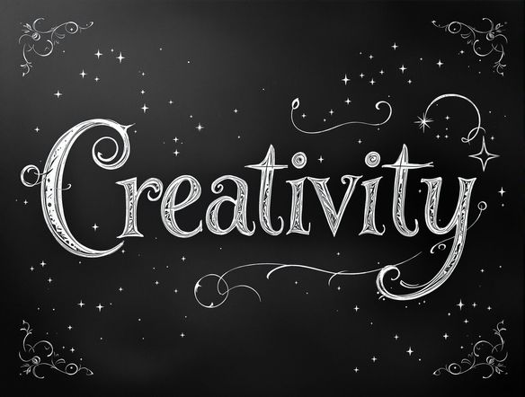 Bold, decorative chalk style typography spelling out 'Creativity' on a dark blackboard background, surrounded by small chalk-drawn stars and swirls, school blackboard graphics.