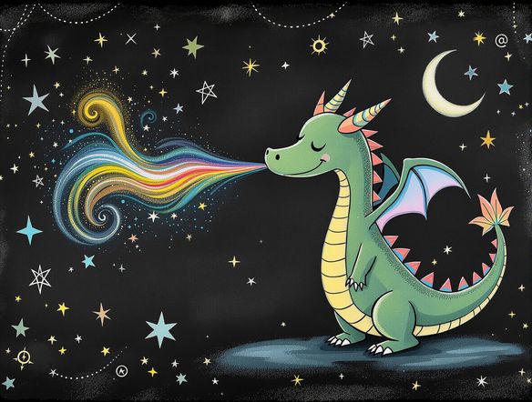 A whimsical scene of a friendly dragon breathing colorful chalk dust, drawn on a textured chalkboard surface, with faint chalk outlines of magical elements around it.