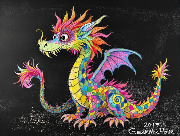 A vibrant chalk drawing of a whimsical dragon on a textured blackboard, intricate details, high contrast, illustrative style.