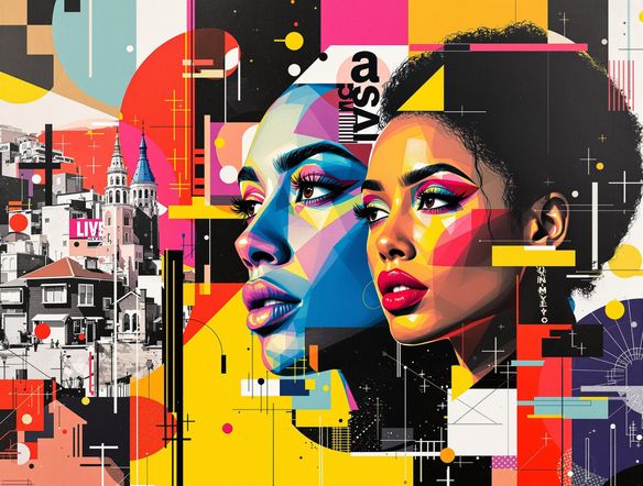 A dynamic and modern AI-generated collage showcasing a fusion of cityscapes and portraits, with geometric overlays and a pop-art color palette. This demonstrates how to create AI collages easily.