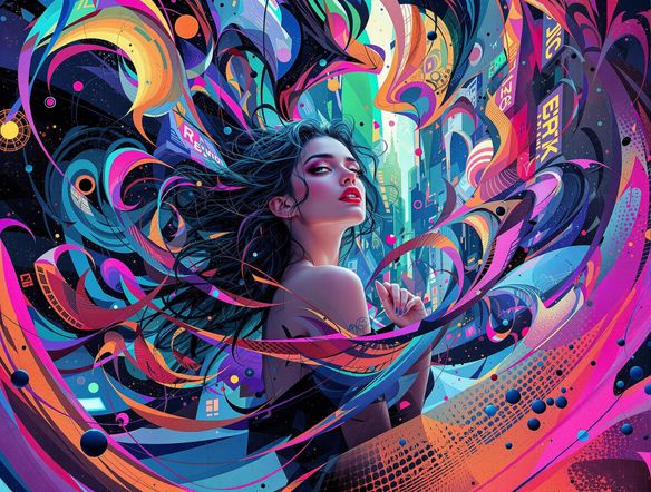 A surreal, dreamlike image combining text and abstract shapes, created with AI. Vibrant colors, intricate details, and a sense of boundless creativity. The style should be reminiscent of generative art.