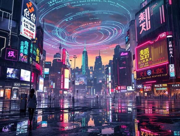 A futuristic cityscape with glowing neon signs reflected in rain puddles, digital text swirling in the sky.