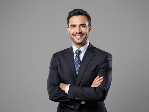 A crisp, professional headshot of a smiling individual in a business suit, generated by an ai id photo generator. The background is a neutral gray. High resolution, studio lighting.