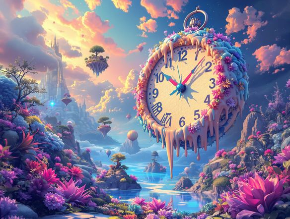 A vibrant, melting clock face suspended in a sky filled with floating islands and bioluminescent flora, hyperrealistic, dreamlike atmosphere, surrealism.