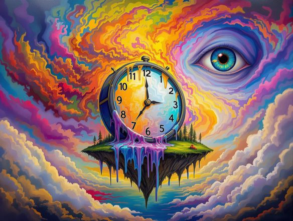 A melting clock draped over a floating island, with a giant eye observing from a swirling, colorful sky, evoking a surreal dreamscape.
