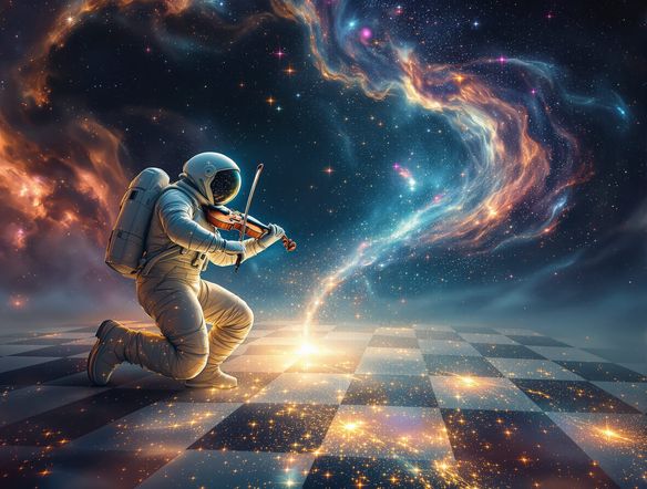 An astronaut playing a violin made of starlight on a chessboard floating in a nebula, abstract surrealism, vibrant colors, ethereal lighting, highly detailed.