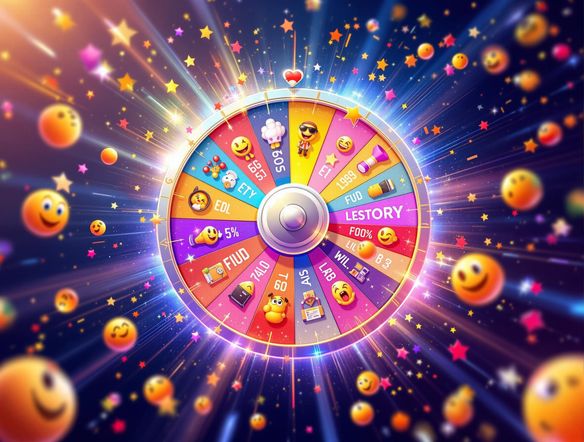 A dynamic animation of a spinning ecard wheel with vibrant colors and playful icons. The wheel includes animated elements like confetti bursts, shooting stars, and bouncing emojis. High-definition, smooth motion graphics.