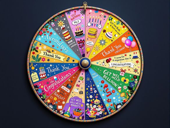 A vibrant digital illustration of a spinwheel, each section displaying different ecard themes: birthday cakes, holiday ornaments, thank you notes, congratulations banners, and get-well-soon bouquets. High-resolution, cheerful colors.