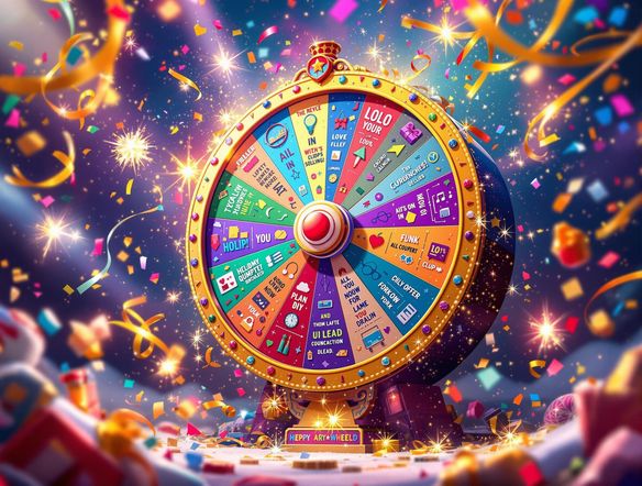 A vibrantly colored spinwheel with various festive icons and messages, surrounded by confetti and sparkling lights, digital art.
