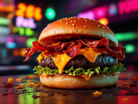 A vibrant and engaging Twitter post template showcasing a delicious burger and a modern restaurant logo, with a clear call to action button.