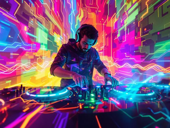 A vibrant DJ logo with pulsating neon lights, turntables, and abstract sound waves, embodying the energy of electronic music.