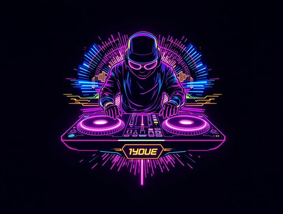 A vibrant, neon-lit DJ logo featuring turntables and soundwaves, with a modern, edgy font. Incorporate a hidden symbol representing rhythm and energy. Fake dating profile generator concept art, high-resolution.