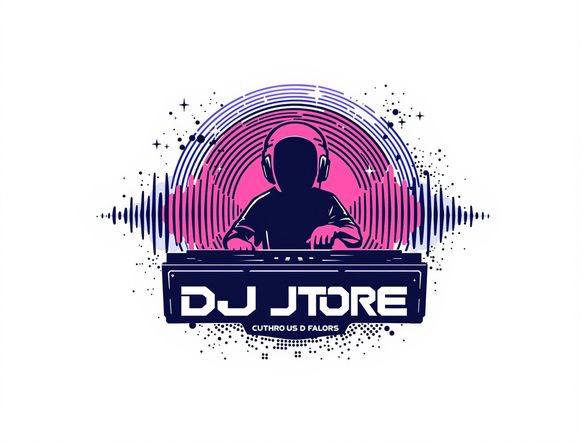 A minimalist DJ logo with a stylized silhouette of a DJ, set against a backdrop of abstract sound patterns. Use a bold color palette and a futuristic typeface. Fake bumble profile generator inspired aesthetics, clean lines.