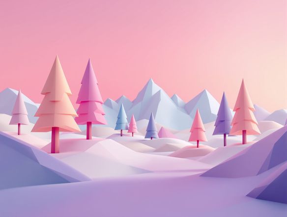 A minimalist 3D low poly scene depicting a serene landscape with geometric trees and mountains, showcasing a clean, uncluttered aesthetic.
