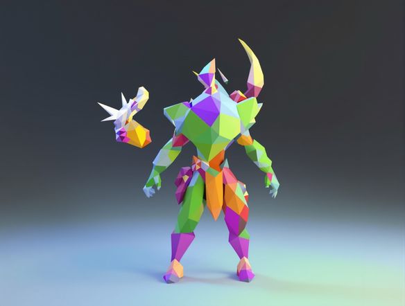 A vibrant, low poly 3D model of a fantasy character, suitable for a video game, rendered in a clean, stylized aesthetic.
