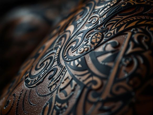 A detailed close-up of a Polynesian tribal tattoo design, featuring intricate black ink patterns on dark skin, inspired by ancient Oceanic art, high detail, studio lighting.