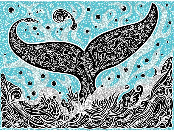 Intricate Polynesian tattoo patterns in black ink, swirling around a stylized whale tail, set against a vibrant turquoise ocean background with subtle Maori motifs.