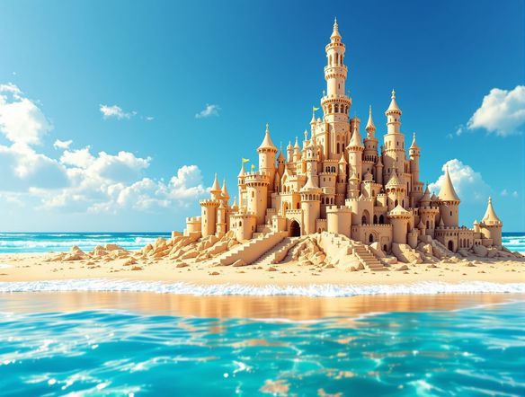 A vibrant, detailed sand castle on a sunny beach, intricate turrets and walls, AI generated sand art, digital sand castle creator, clear blue sky, gentle waves in background.
