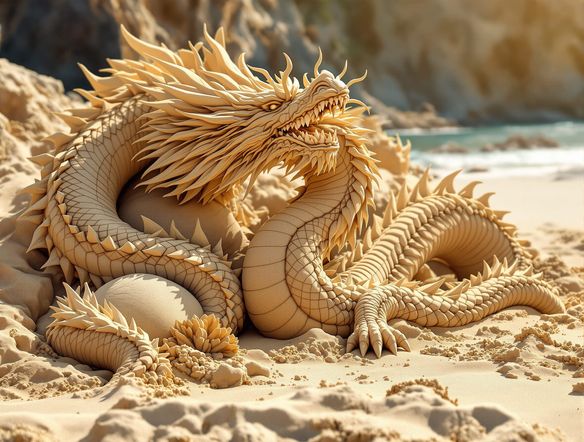 A majestic, photorealistic sand sculpture of a dragon on a pristine beach, detailed textures, captured in bright sunlight, virtual beach sculpture tool, high resolution, hyperrealistic.