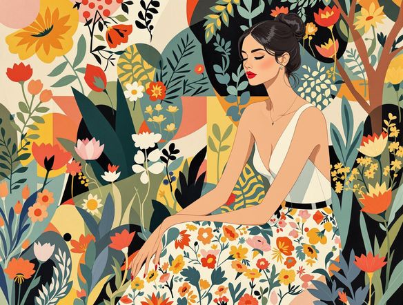 A vibrant, repeating pattern featuring geometric shapes and floral elements, rendered in a modern, minimalist style.