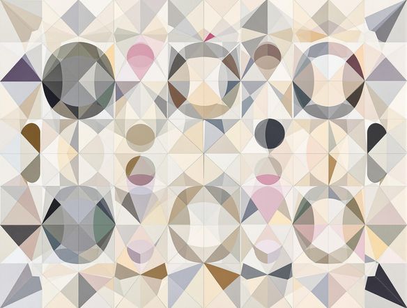 Create an intricate geometric pattern using a neural network. The design should resemble a modern, minimalist wall collage layout generator, with repeating shapes and contrasting colors. High resolution, abstract.