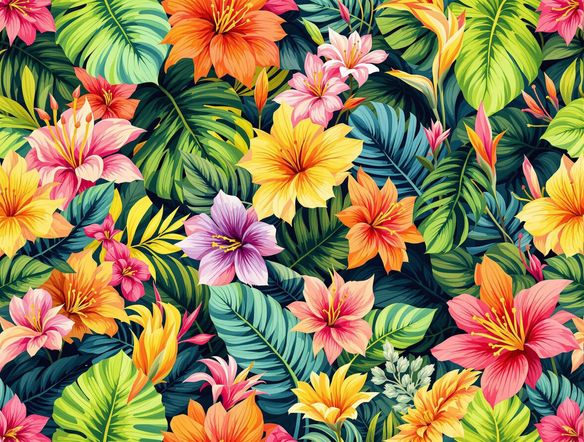 Generate a seamless, repeating pattern of vibrant tropical leaves and exotic flowers. Incorporate elements of a digital collage with a bright, sunny color palette. High resolution, detailed.