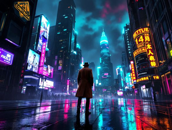 A lone detective in a trench coat stands on a neon-drenched street, rain falling, towering futuristic skyscrapers in the background, digital neon noir art style, AI tech noir images.