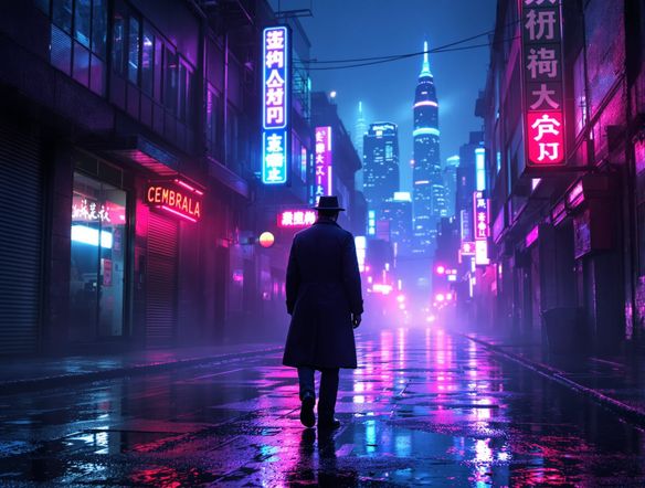 A lone detective standing in a rain-slicked alley, illuminated by vibrant neon signs reflecting off puddles, with a futuristic cityscape in the background. Style: Cyberpunk Noir.