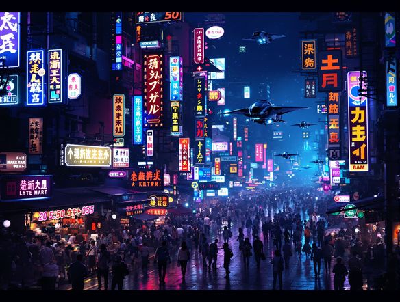 A bustling street market in a futuristic city at night, glowing neon signs, flying vehicles, dense atmosphere, Blade Runner aesthetic AI, cinematic lighting, futuristic neon art generator.